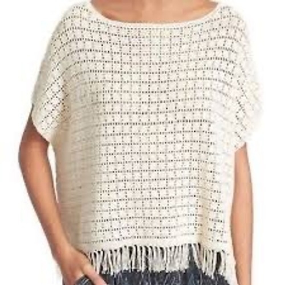 Joie Cream Crochet Knit Fringe Hem Top Boxy Cotton Blend 4360-K2097 Large